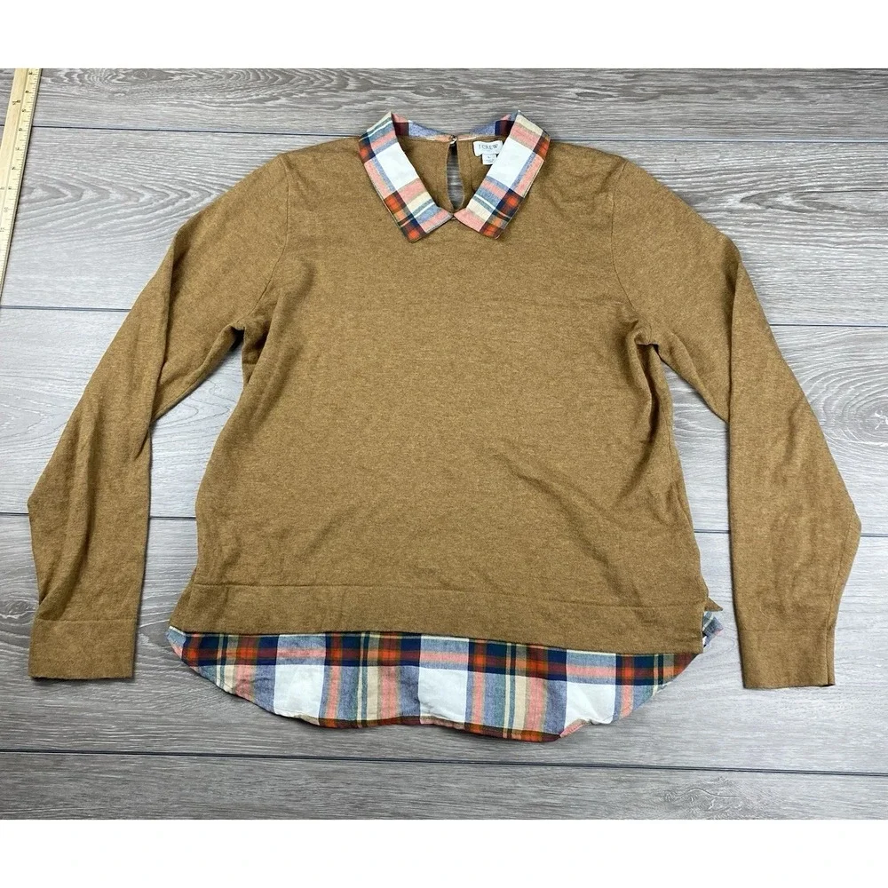 J Crew Women's Long Sleeve Plaid Accent Collar & Hem Sweater‎ Brown Size Large